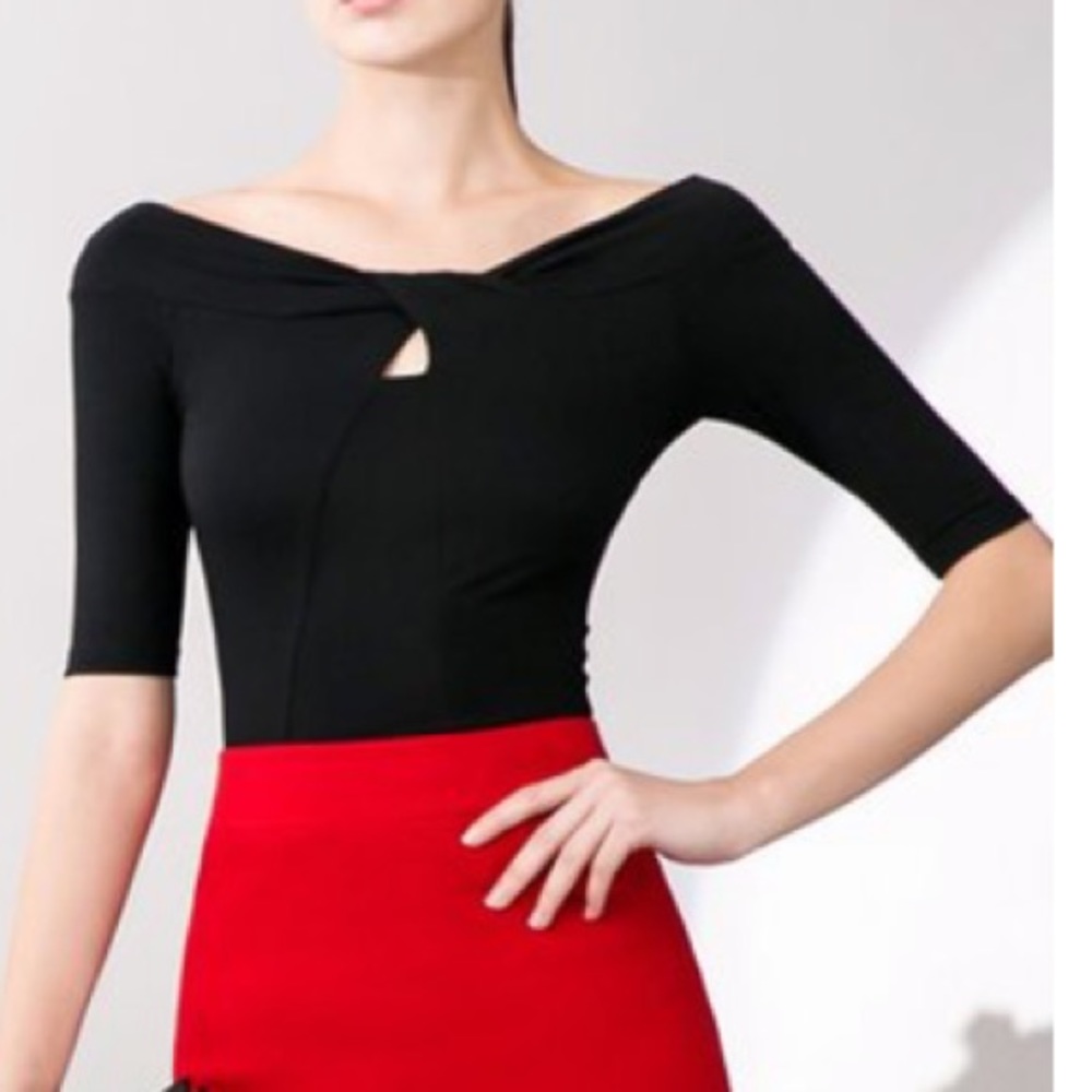 Black Half Sleeve Asymmetric Off-Shoulder Blouse